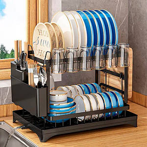 Сушарка для посуду двоярусна кухонна з піддоном і тримачами склянок Kitchenware