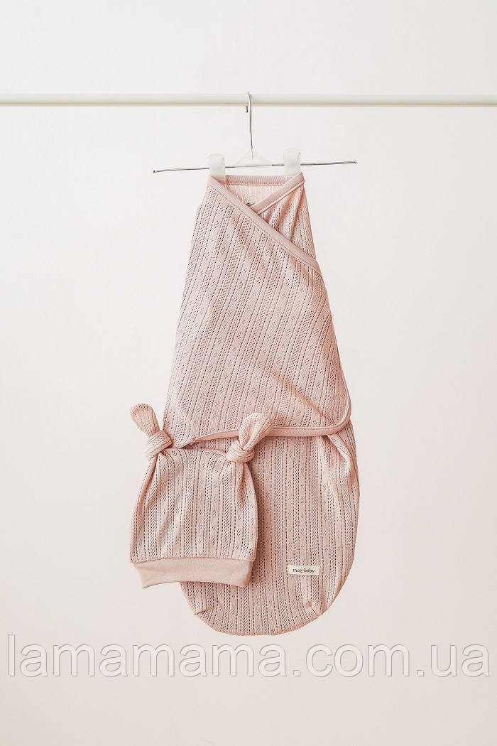 Євро пелюшка 0-3 міс. кокон на липучках з шапочкою з ажурного трикотажу Wind Пудра, фото 1
