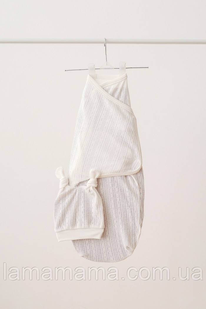 Євро пелюшка 0-3 міс. кокон на липучках з шапочкою з ажурного трикотажу Wind Молочна, фото 1