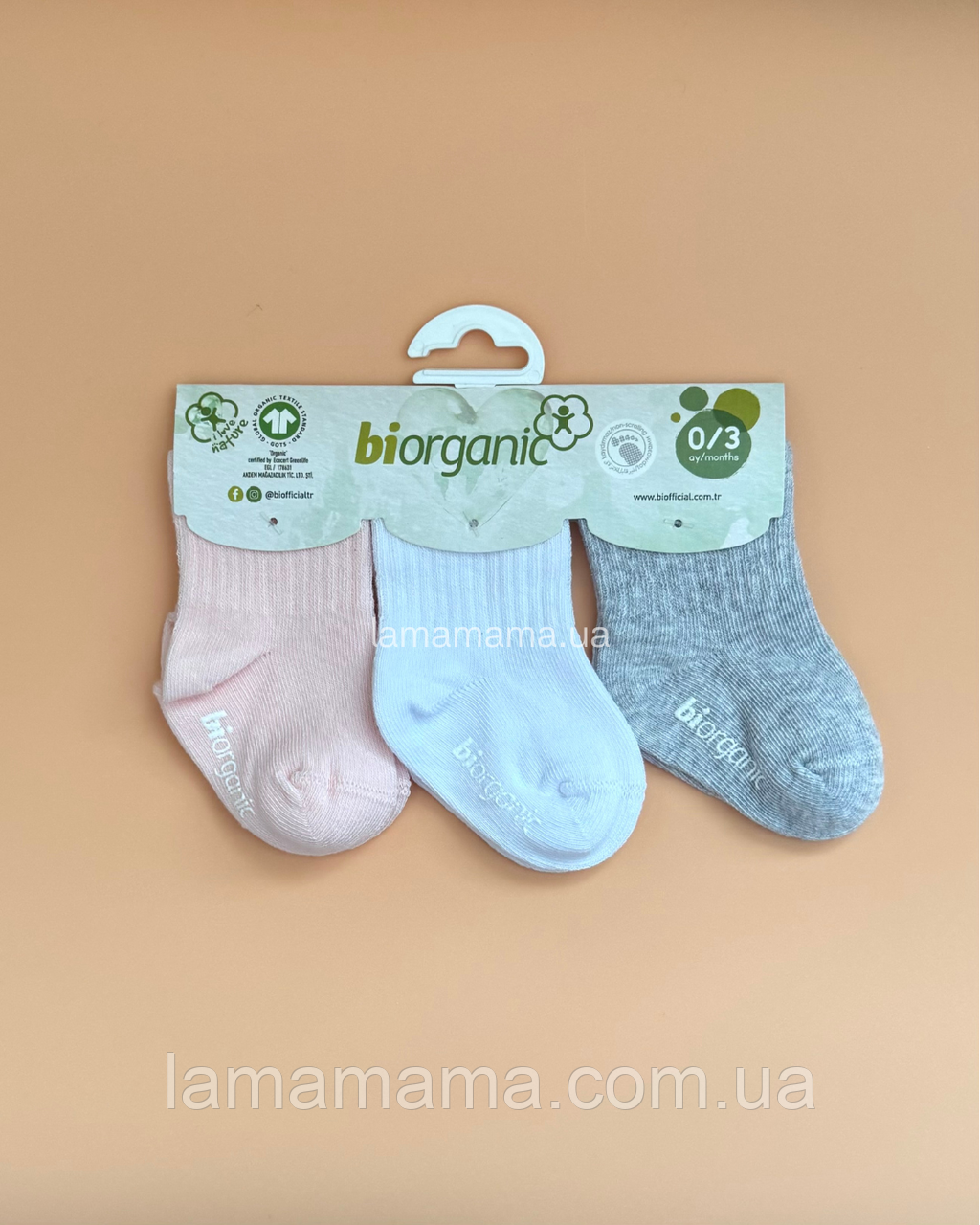 Тонкі шкарпетки з органічної бавовни для немовлят 0-3 міс. 3 пари Рожевий/білий/сірий Biorganic, фото 1