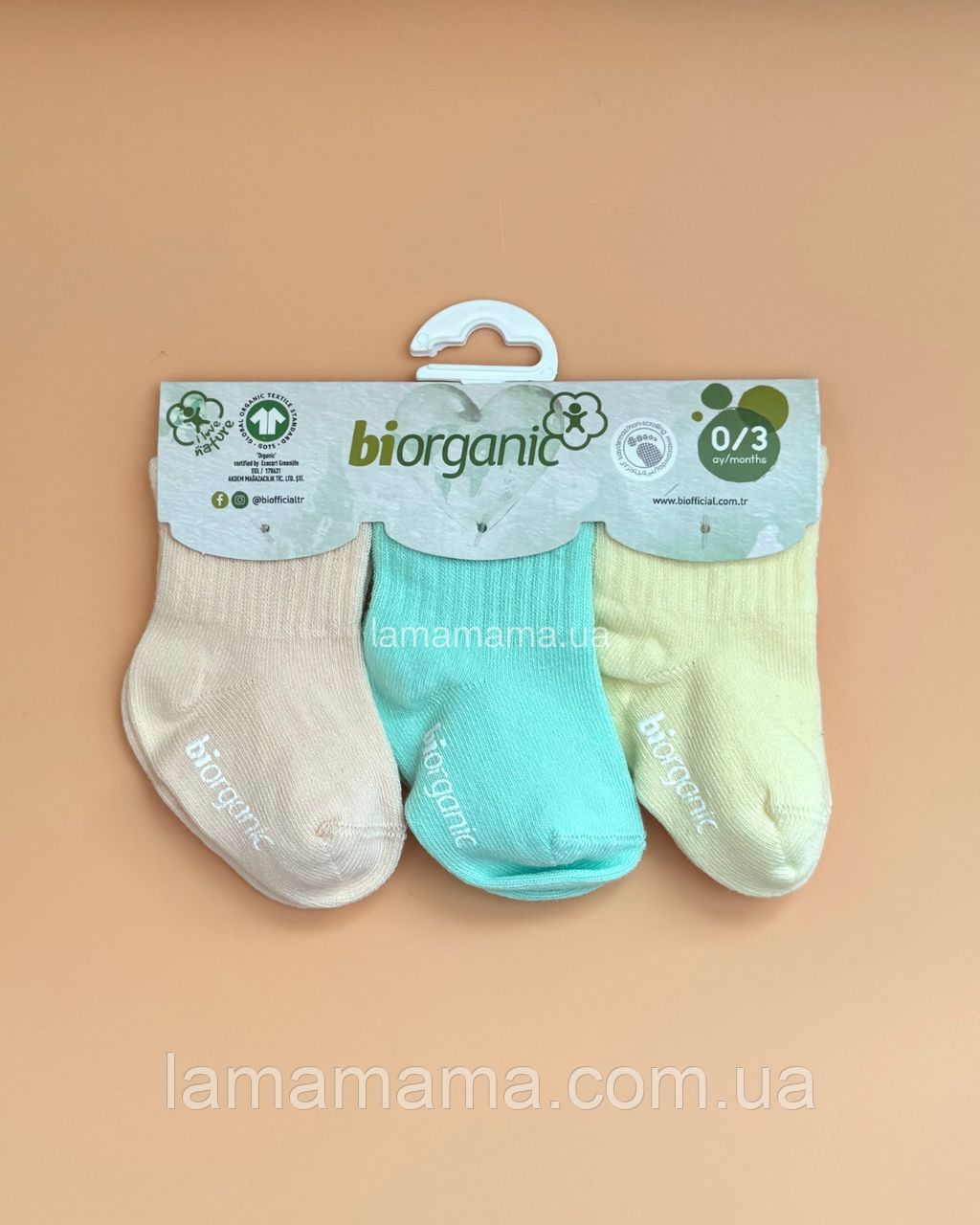 Тонкі шкарпетки з органічної бавовни для немовлят 0-3 міс. 3 пари Персиковий/мʼятний/рожевий Biorganic, фото 1