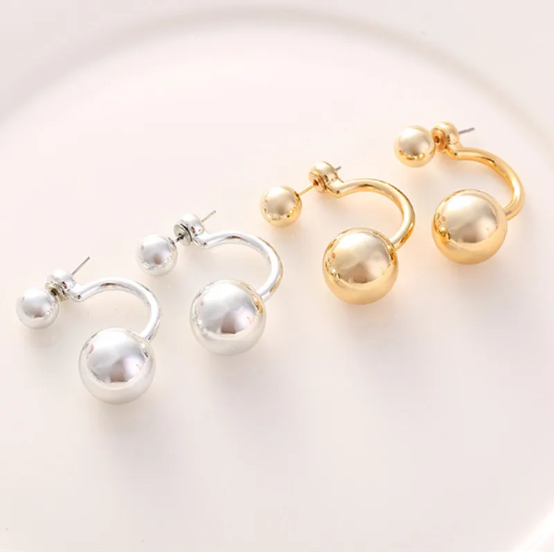 Сережки подвійний шар пусети дві кулі золотисті сріблясті вигнутий дизайн, фото 1