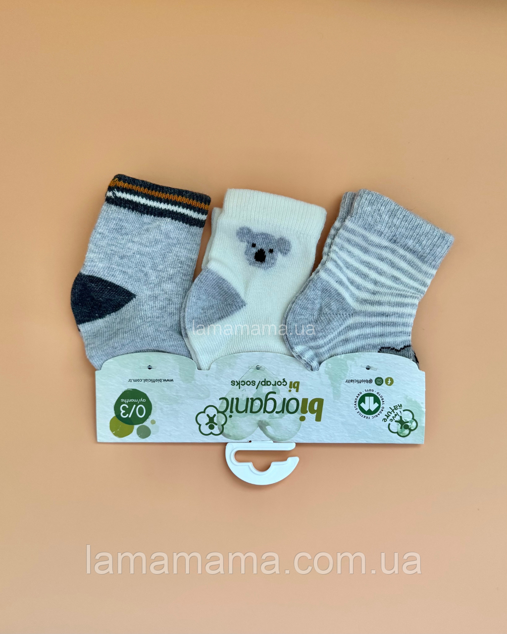 Тонкі шкарпетки для немовлят 0-3 міс. 3 пари Коала сірий Biorganic, фото 1