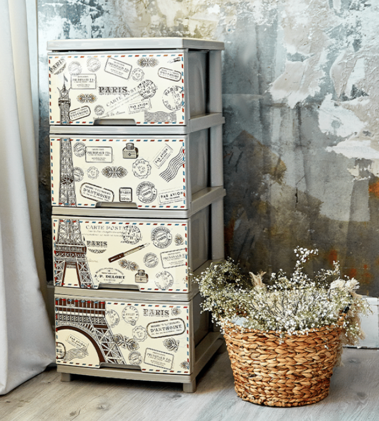 Універсальний комод Алеана пластиковий із декором Париж, 4 ящики для зберігання білизни, документів і іграшок, фото 1