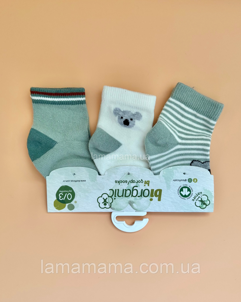 Тонкі шкарпетки для немовлят 0-3 міс. 3 пари Коала оливка Biorganic, фото 1