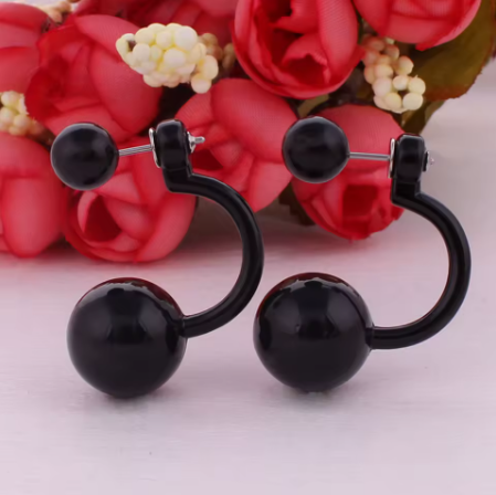 Сережки подвійний шар пусети дві чорні кулі вигнутий дизайн, фото 1