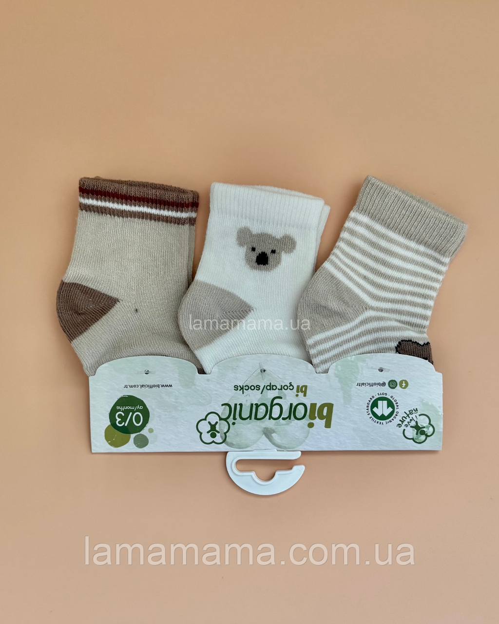 Тонкі шкарпетки для немовлят 0-3 міс. 3 пари Коала беж Biorganic, фото 1