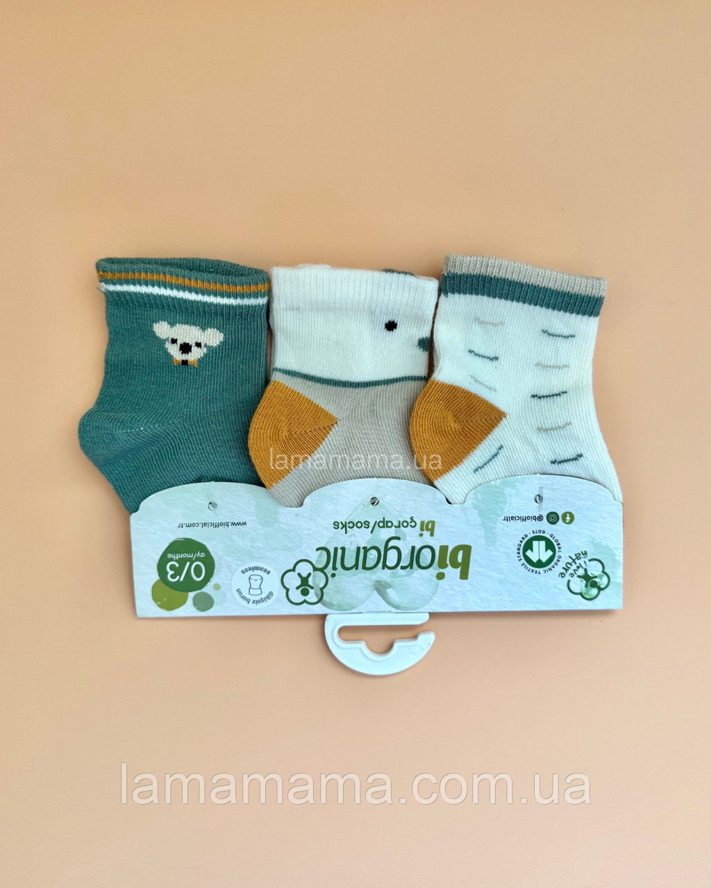 Тонкі шкарпетки для немовлят 0-3 міс. 3 пари Коала оливка/беж/помаранчевий Biorganic, фото 1