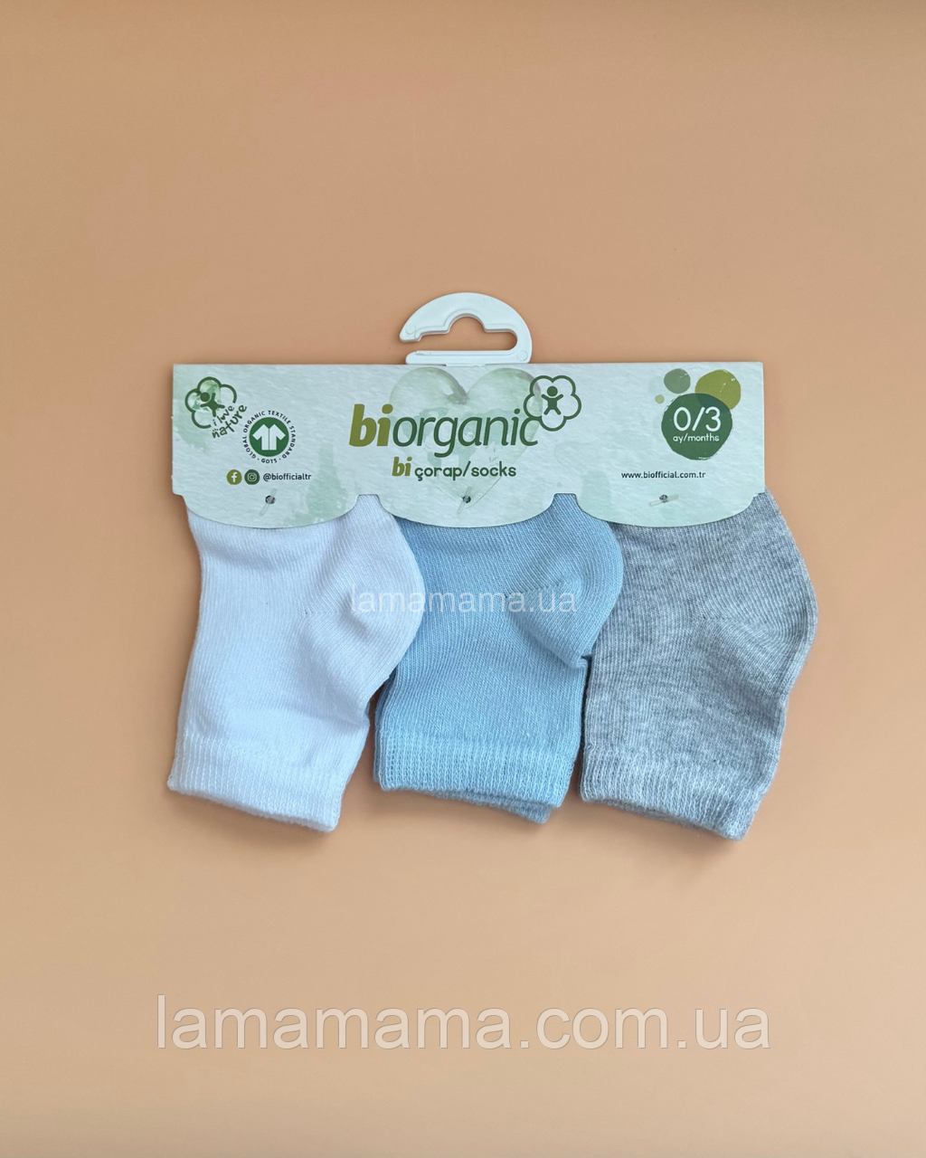Тонкі шкарпетки для немовлят 0-3 міс. 3 пари білий/сірий/блакитний Biorganic, фото 1