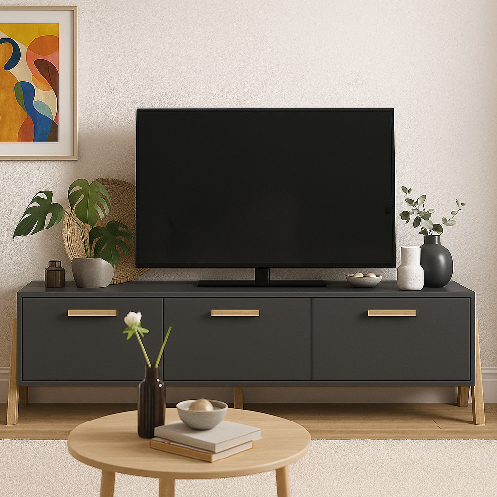 Сучасна сіра довга тумба під телевізор плазму 150 см на ніжках у спальню вітальню ДСП Belle VMV Holding, фото 1