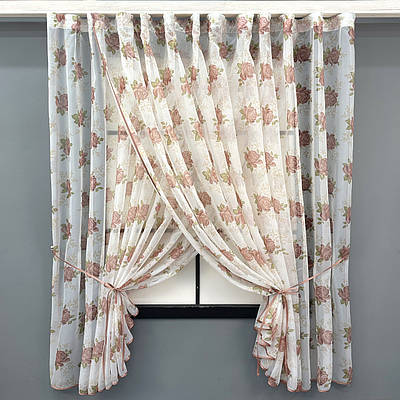 Кухонний комплект (320х170см.), шторки з підв'язками. Колір білий з пудровим. Код 101к 52-1212