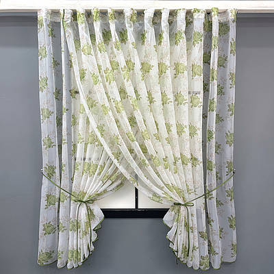 Кухонний комплект (320х170см.), шторки з підв'язками. Колір білий з салатовим. Код 101к 52-1210