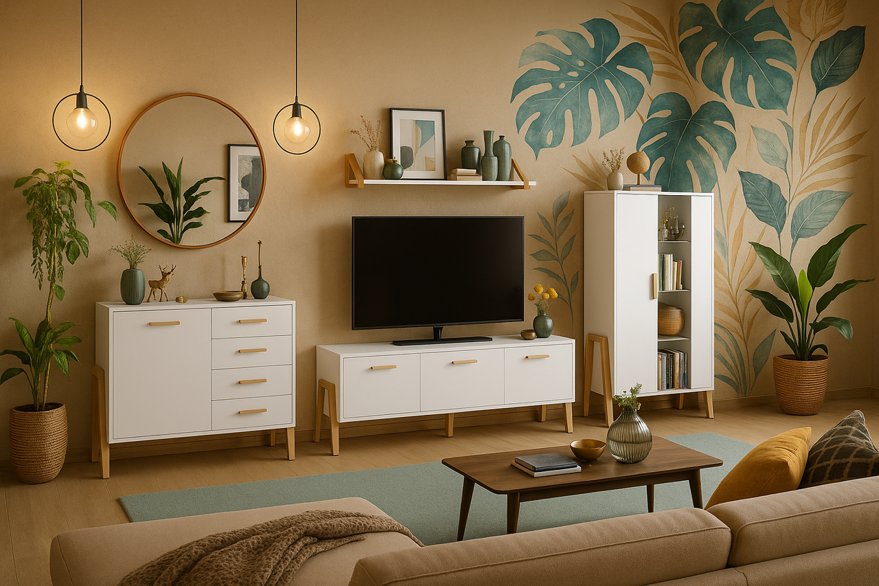 Біла модульна вітальня стінка під телевізор на ніжках у скандинавському стилі у вітальню зал Belle VMV Holding, фото 1