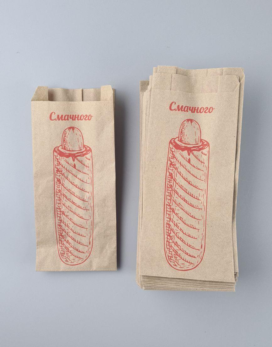 Бумажные пакеты саше крафт бурий, 90х40х210, 40г/м2, печать Хот-Дог (100 шт), фото 1