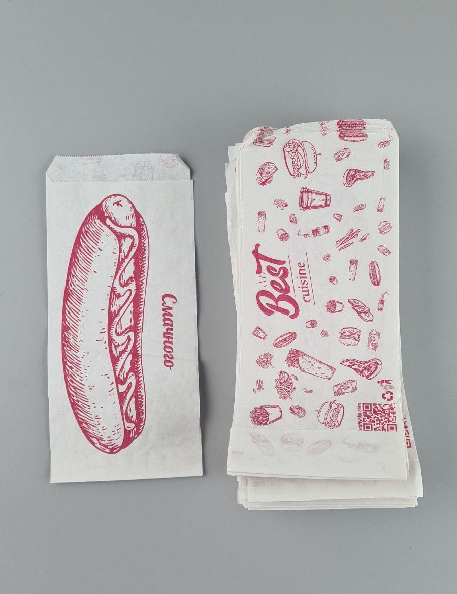 Пакет бумажный крафт белый 90х0х210, 40г/м2, печать хот-дог (100 шт), фото 1