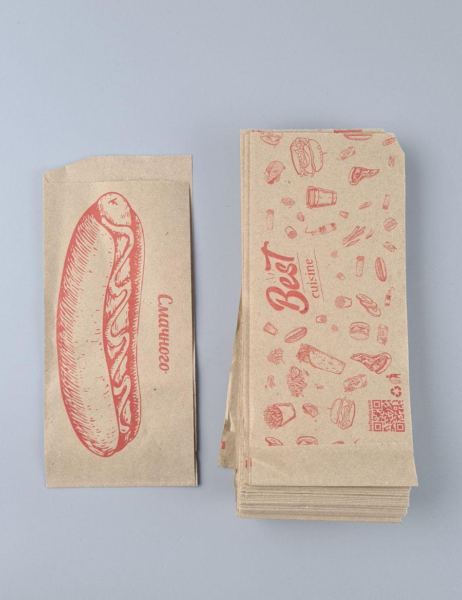 Пакет бумажный крафт бурий Уголок 90х0х210, 50г/м2, печать ХОТ ДОГ (100 шт), фото 1