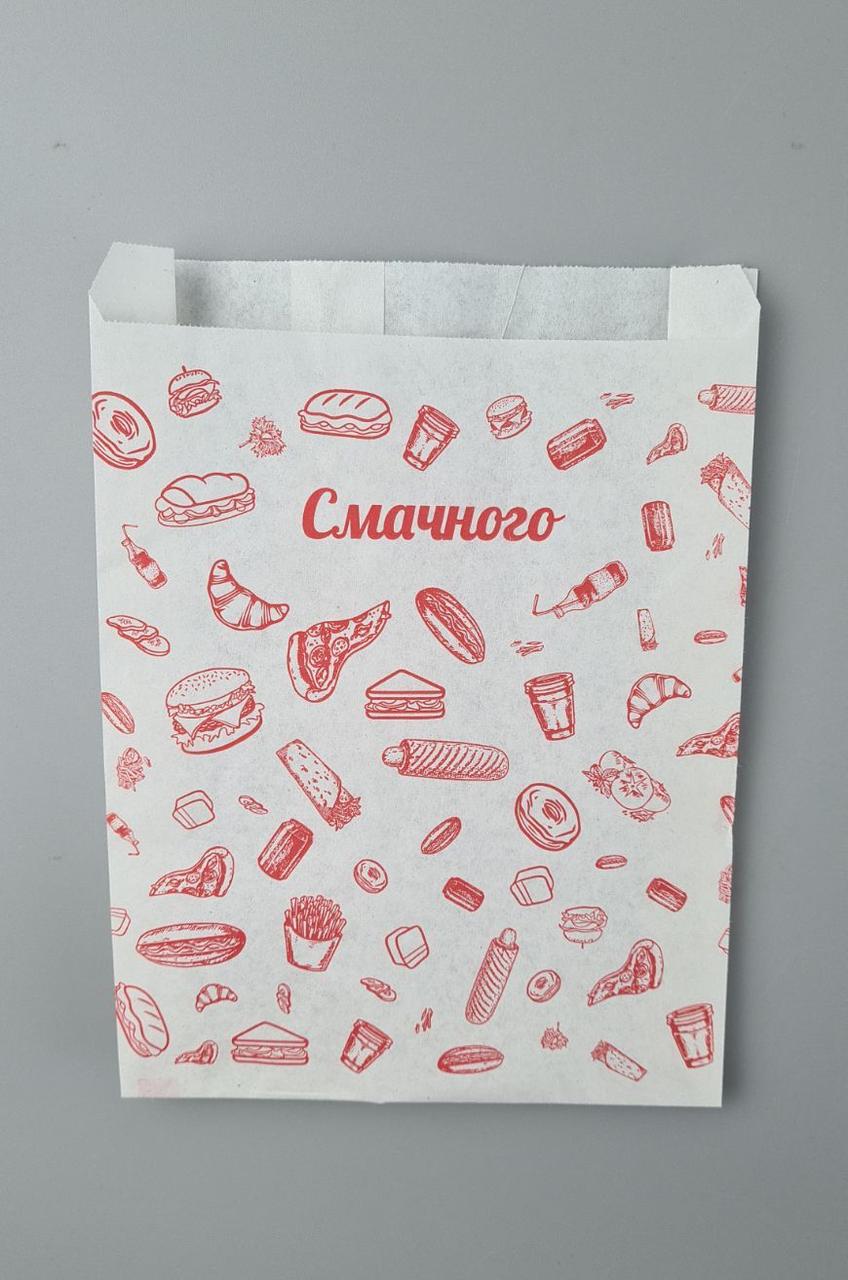 Бумажные пакеты саше крафт белый, 150х40х210, 40г/м2, печать фаст-фуд (100 шт), фото 1