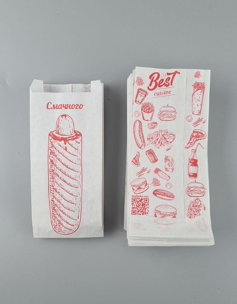 Бумажные пакеты саше крафт белый, 90х40х210, 40г/м2, печать фаст-фуд (100 шт), фото 1