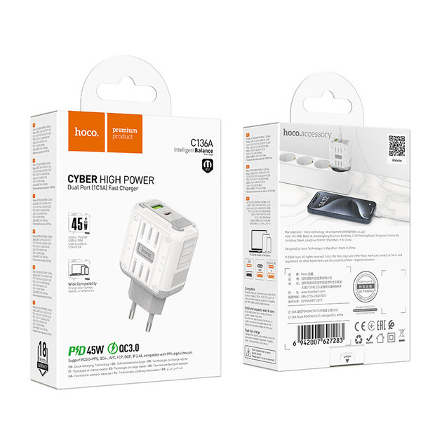 Зарядний пристрій МЗП HOCO C136A 1USB-C/1USB PD/QC 45W, фото 1