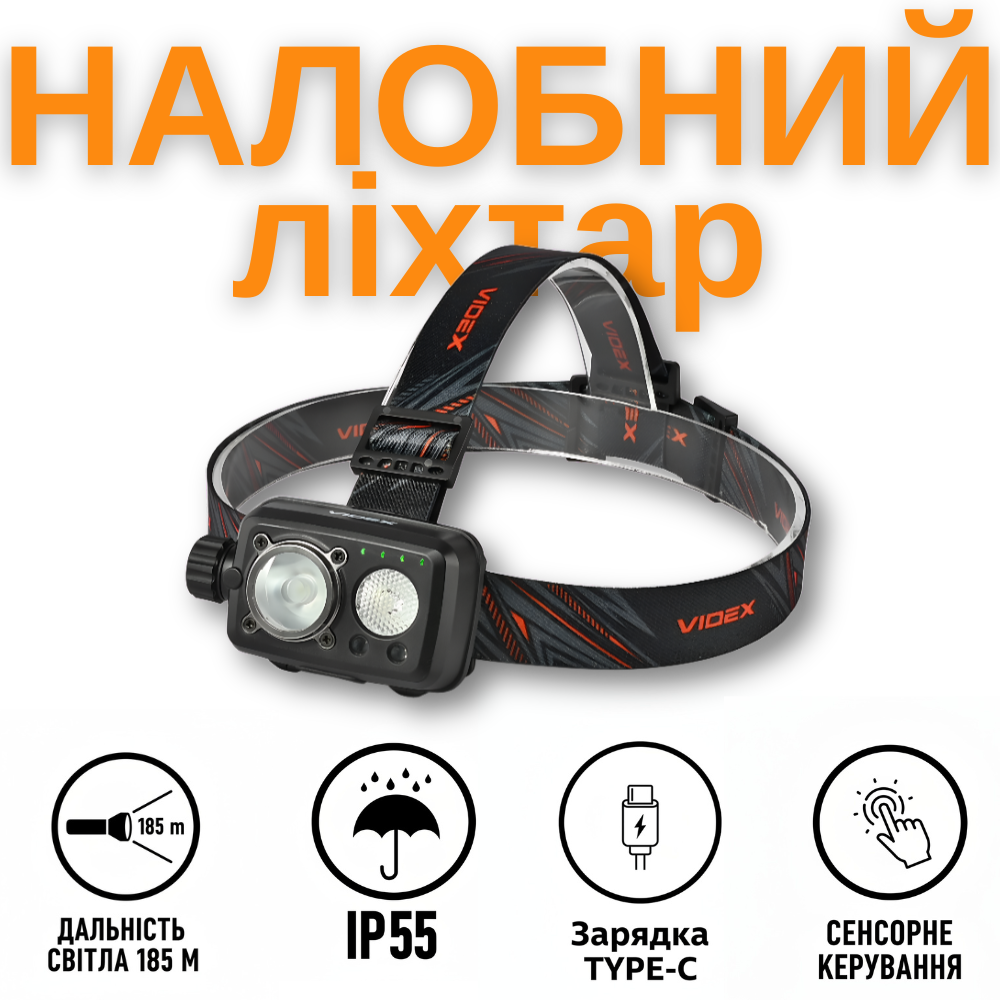 Налобний ліхтарик VIDEX VLF-H189 185м, IP55, змінний акумулятор, біле та червоне світло, 7 режимів, TYPE-C, фото 1