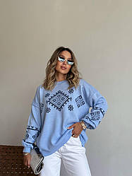 Жіночий в'язаний светр вишиванка вільного крою з етнічним орнаментом Ssmod2282