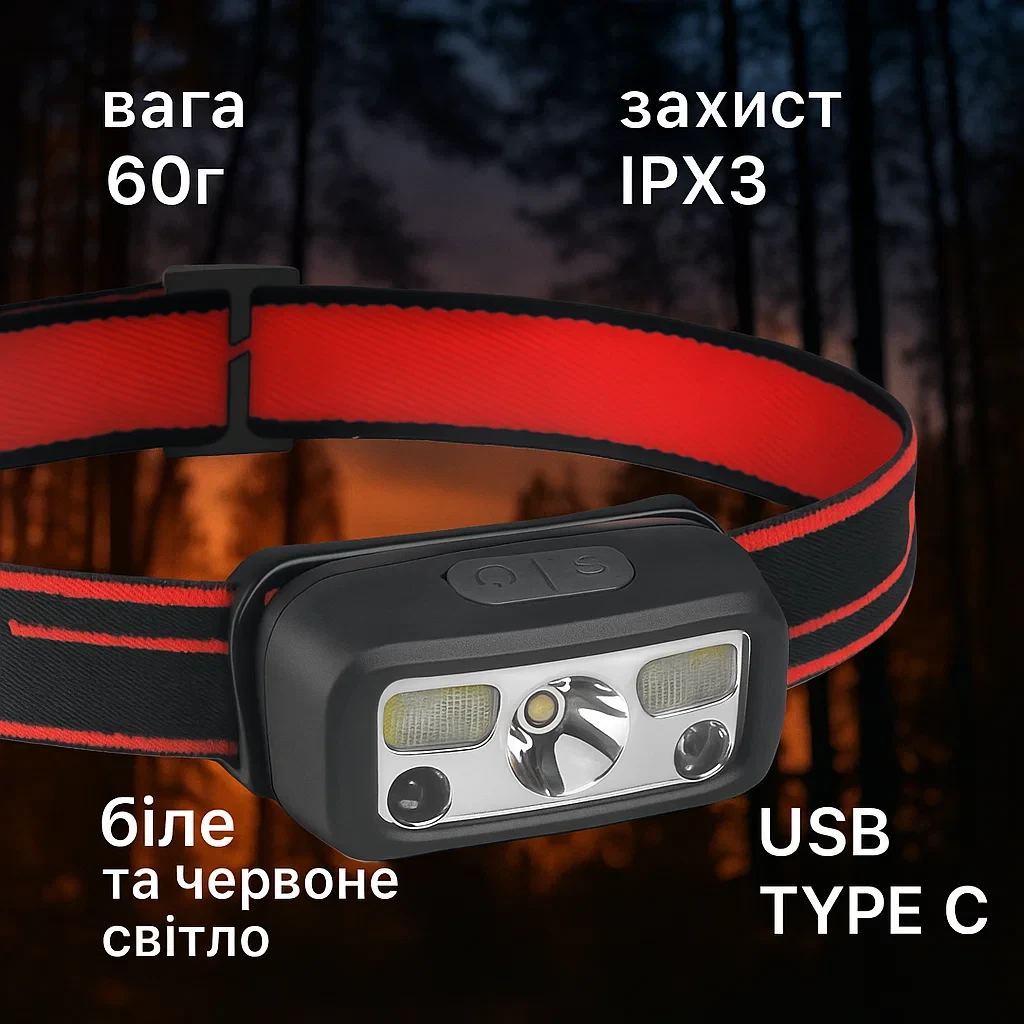Легкий налобний ліхтар TITANUM TLF-H07 80Lm 7 режимів, захист від вологи, USB-C, фото 1
