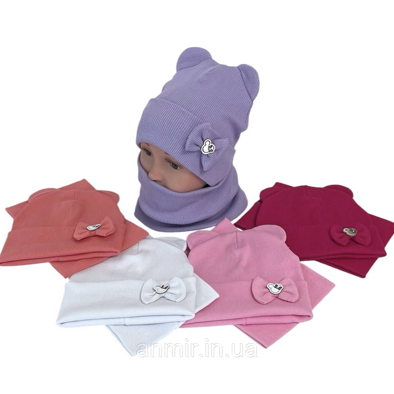 Зимовий комплект дитячий трикотаж у рубчик із вушками БАНТИК розмір 46-50, кольору міксом