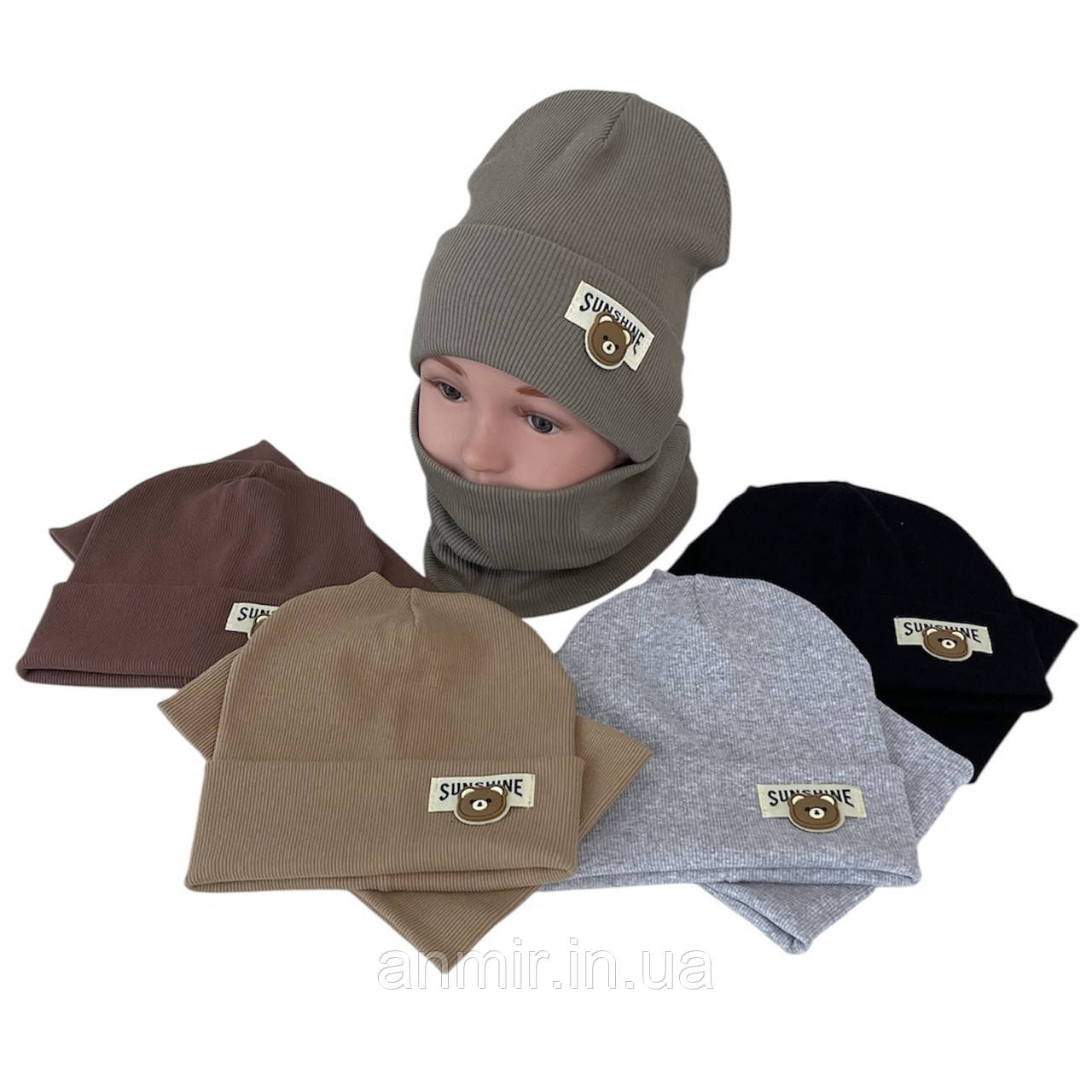 Зимовий комплект дитячий трикотаж у рубчик із вушками SUNSHINE розмір 46-50, кольору міксом