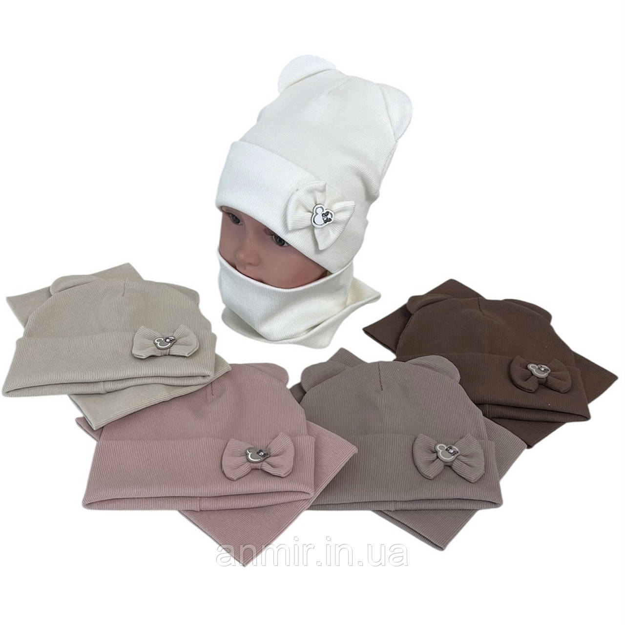 Зимовий комплект дитячий трикотаж у рубчик із вушками БАНТИК розмір 48-52, кольору міксом