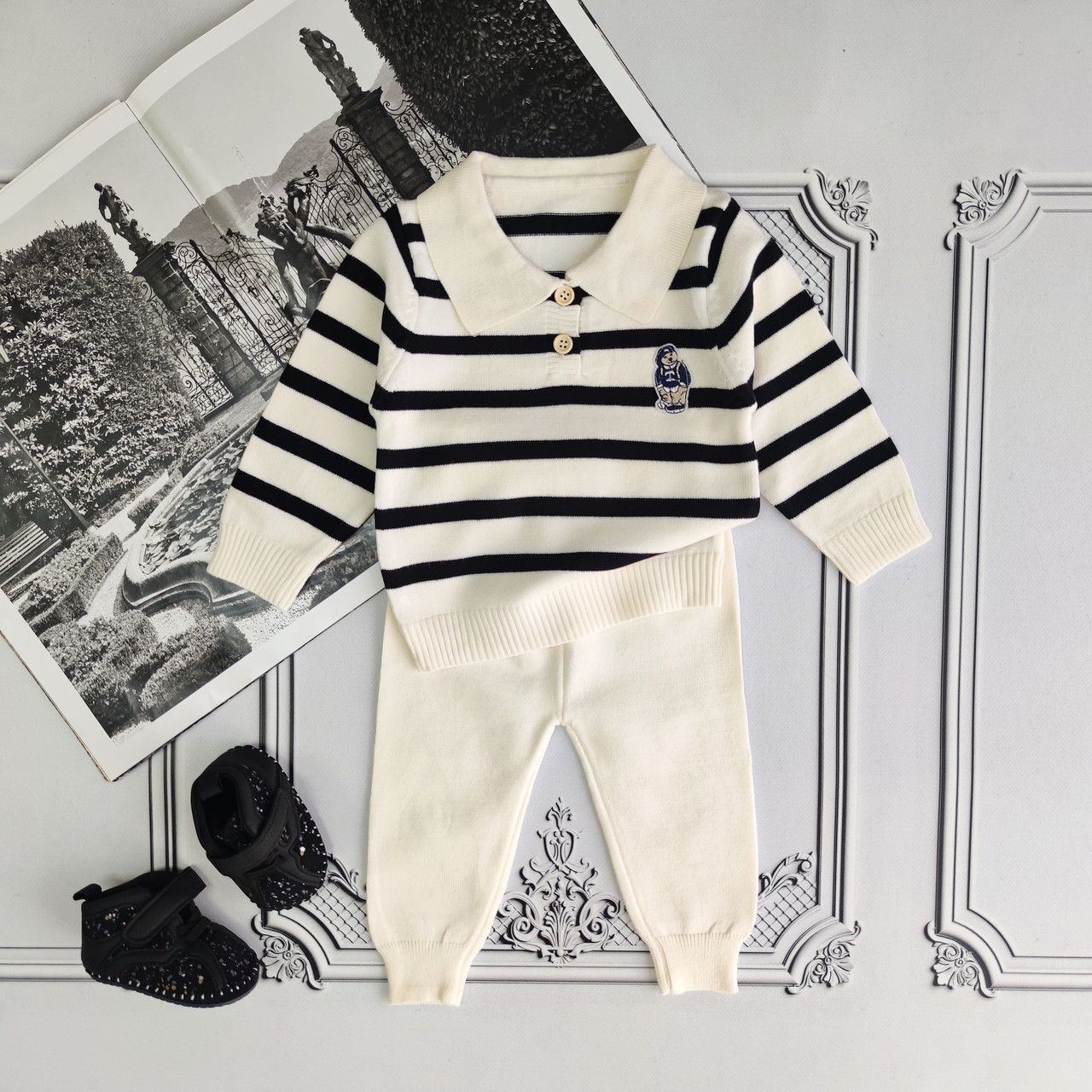 Дитячий білий теплий в'язаний костюм Поло для новонароджених