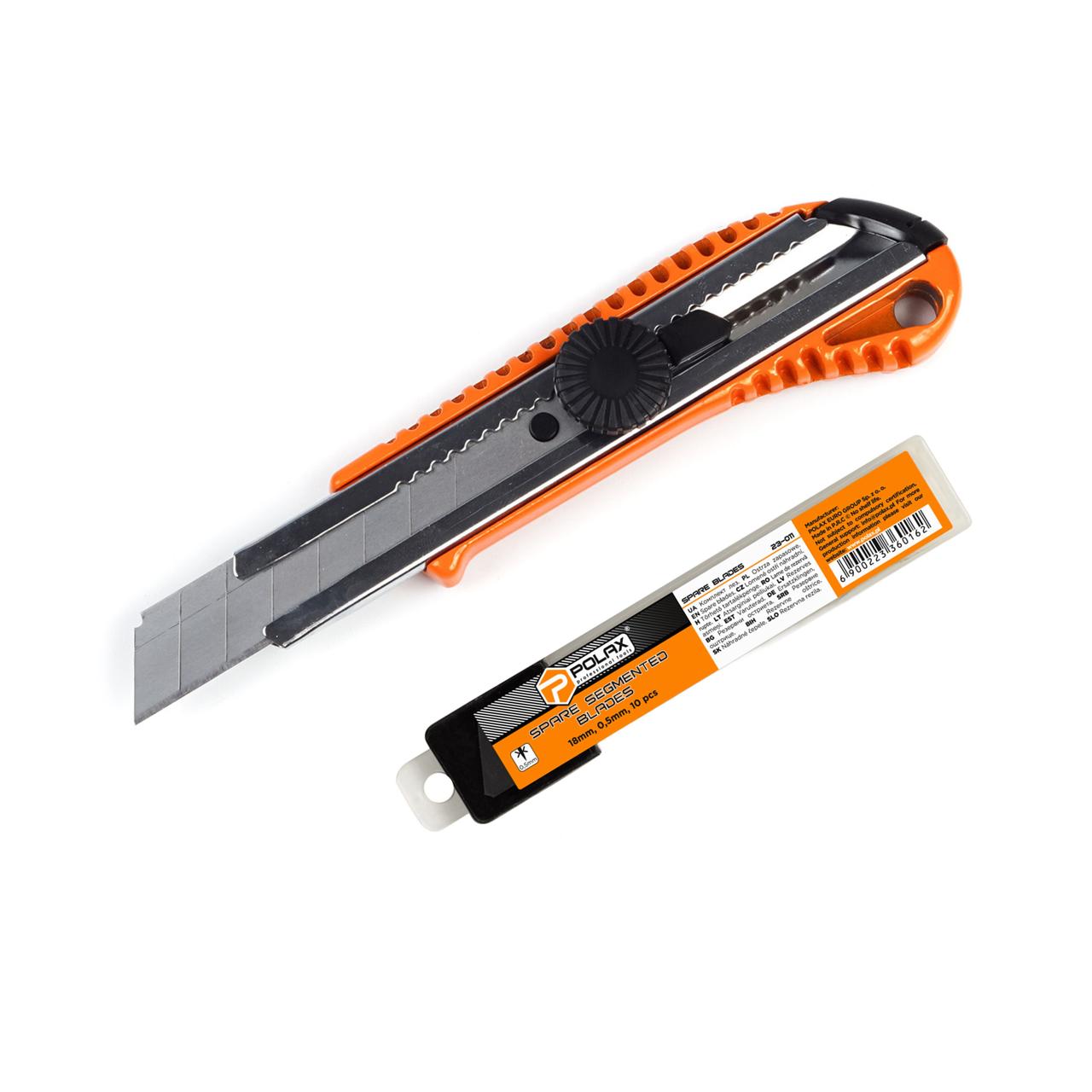 Ніж металевий та комплект лез сегментних 18 мм., 0.5 мм., 10 шт. Polax (335-73), фото 1