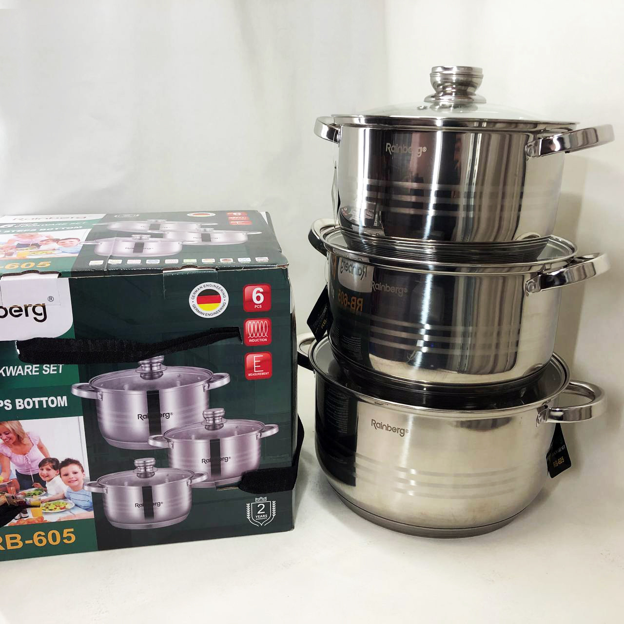 Набір каструль для плит Rainberg, Каструлі з прозорими кришками, Набір каструль зі сталі OV-80