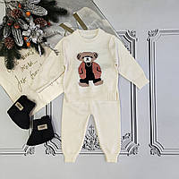 Дитячий білий теплий в'язаний костюм з ведмедиком для новонароджених