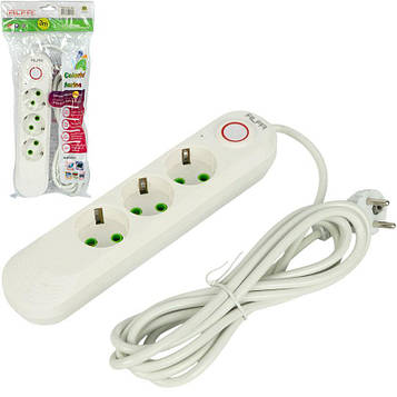 Мережевий подовжувач переноска електрична 3 метри 3 розетки із заземленням (євростандарт) і вимикачем