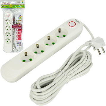 Мережевий подовжувач переноска електрична 5 метрів 4 розетки із заземленням (євростандарт) і вимикачем