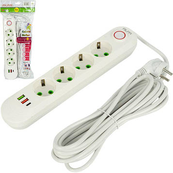 Мережевий подовжувач переноска електрична 5 метрів 4 розетки + 2 USB + 1 Type-C із заземленням і вимикачем