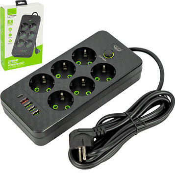 Мережевий фільтр переноска подовжувач 3 метри 6 розеток + 4 USB + 1 Type-C із заземленням і вимикачем