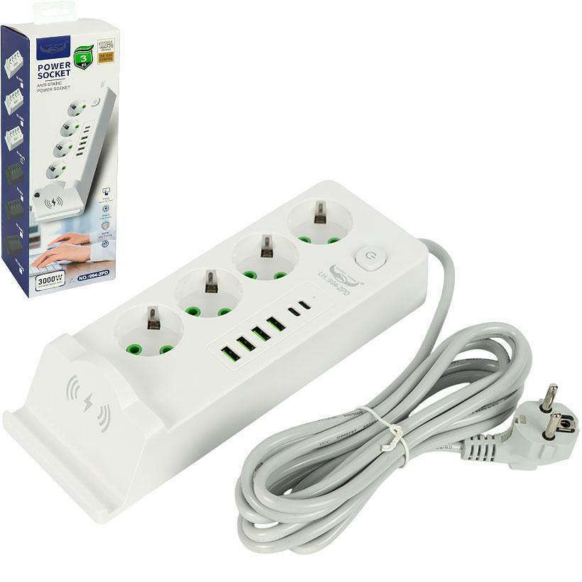 Мережевий фільтр переноска подовжувач 3 метри 4 розетки + 4 USB + 2 TypeC + бездротова Qi зарядка для телефону, фото 1