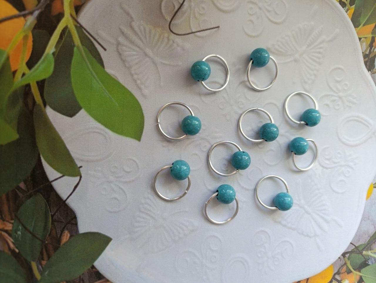 Пірсинг для волосся набір кільця  з декором "Кільця з бусінами бірюза" 10 шт, фото 1