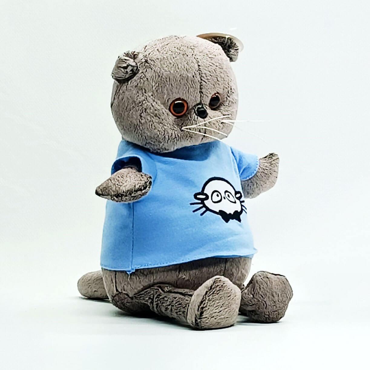 М’яка іграшка Котик Басик сірий 30 см у блакитній футболці — плюшевий кіт M47440-5, фото 1