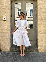 Женское платье миди из муслина с воланами и поясом