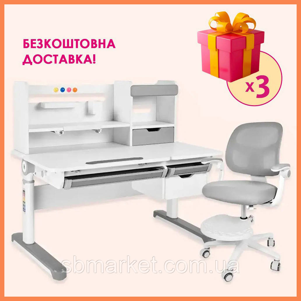 Комплект парта з надбудовою Fundesk Pensare Grey + дитяче крісло комп'ютерне Cubby Marte Grey для школяра