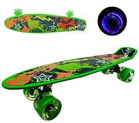 Скейтборд Best Board 56 см із ручкою та LED колесами, зелений дизайн Freestyle