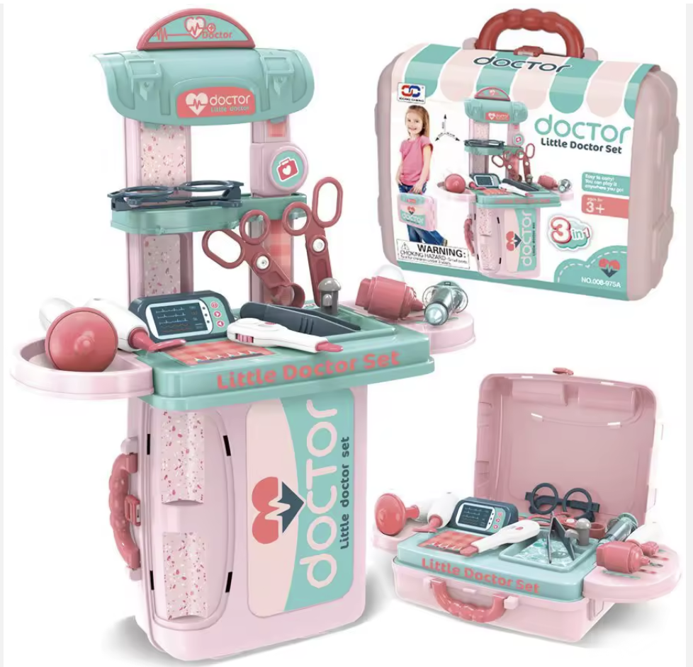 Ігровий набір лікаря 008-975 у валізі-трансформері зі стійкою та 12 медичними інструментами, фото 1