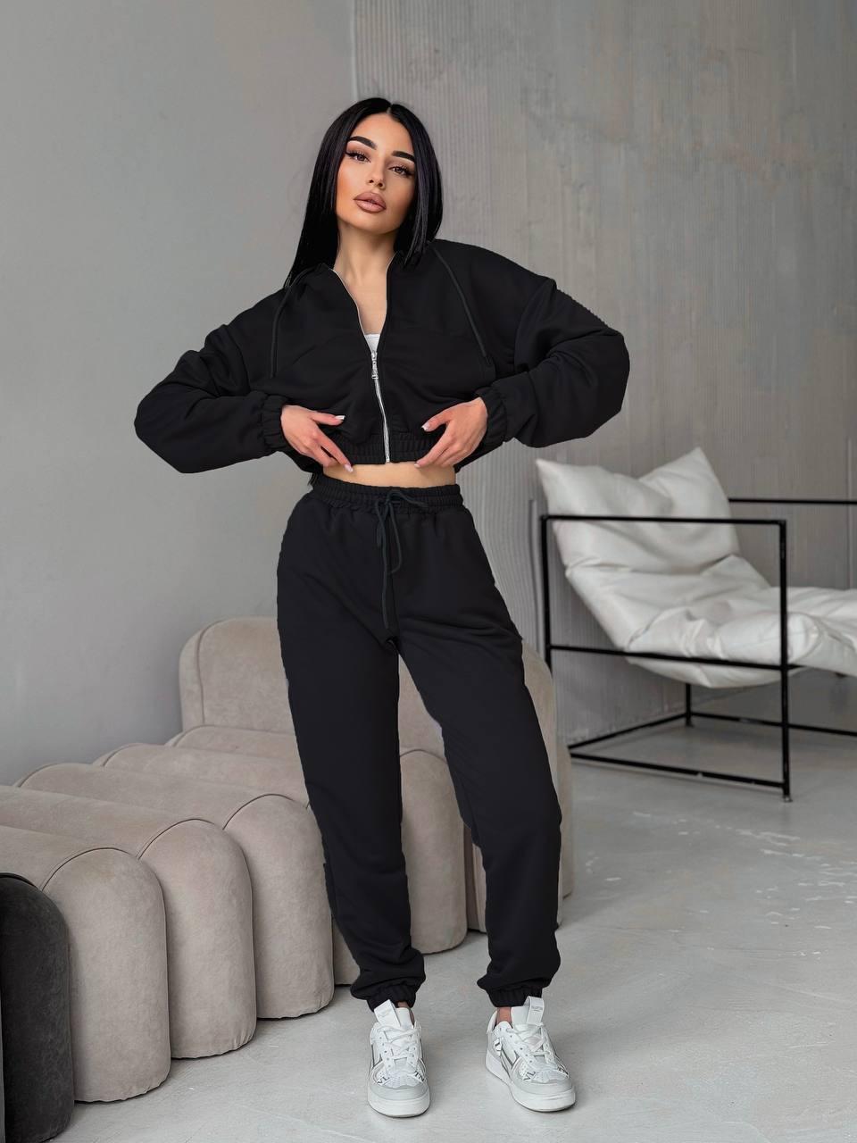 Жіночий осінній базовий прогулянковий костюм двійка кофта худі на блискавці штани джоггери на манжеті двонитка, фото 1