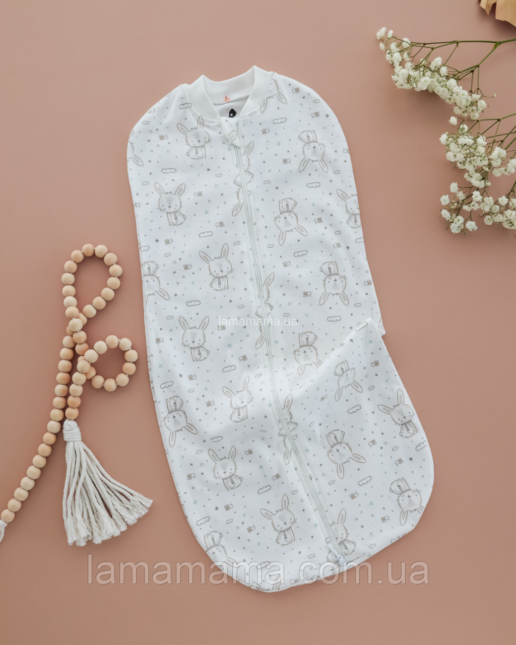 Євро-пелюшка для новонароджених кокон на блискавці для сну 0-3 міс. (56-62 см) Топотун Інтерлок-рапорт зайчик, фото 1