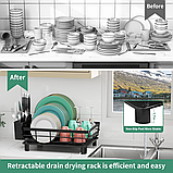 Сушарка для посуду MOUKABAL з нержавіючої сталі з піддоном та тримачем для столових приладів, чорна., фото 4