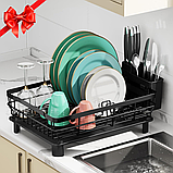 Сушарка для посуду MOUKABAL з нержавіючої сталі з піддоном та тримачем для столових приладів, чорна., фото 8