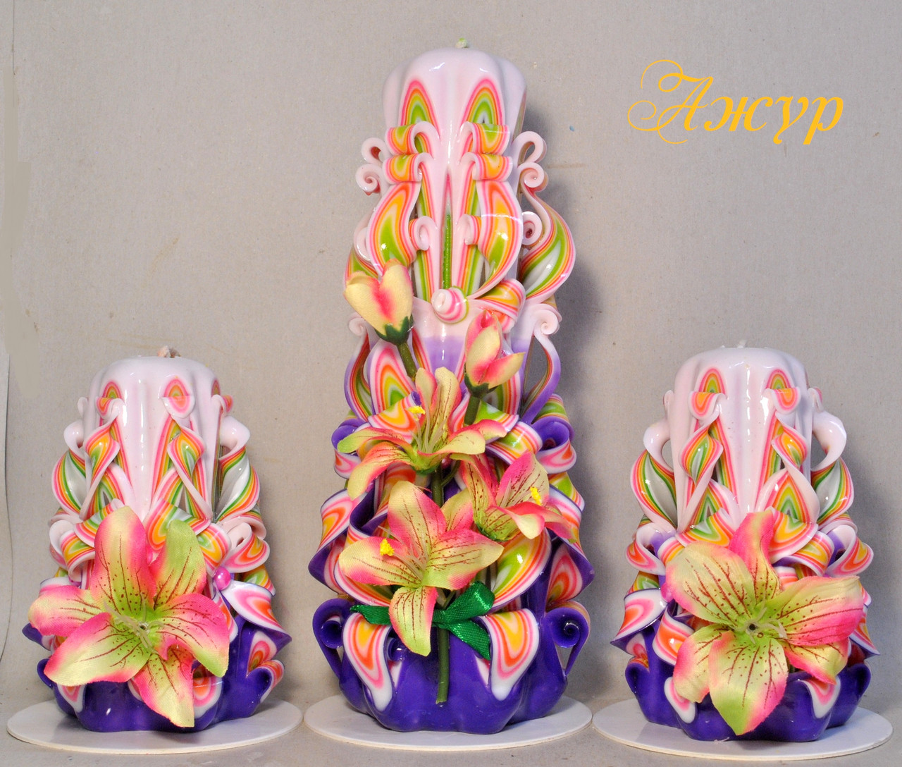 Набір свічок ручної роботи з тканинними квітами лілії, фото 1