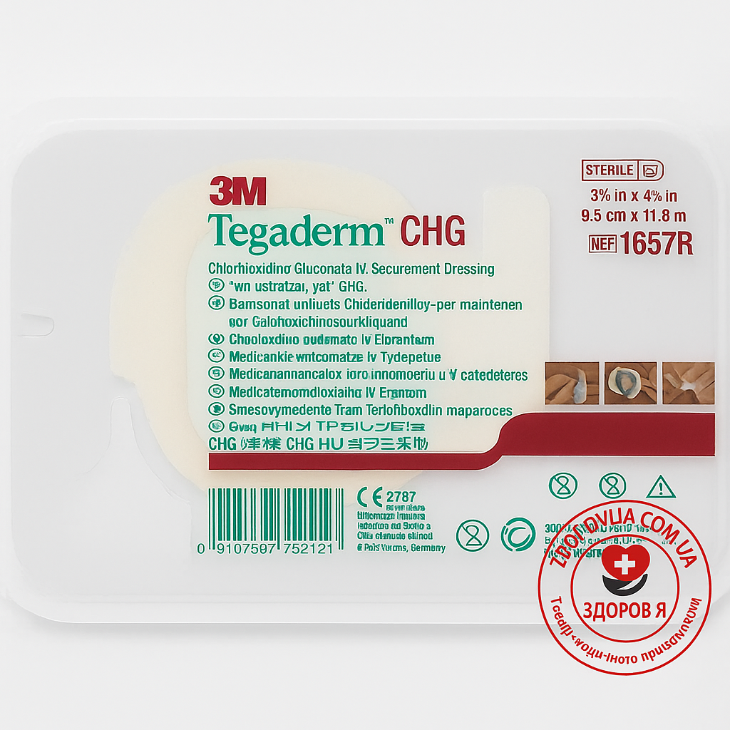 Прозора стерильна пов’язка 3M Tegaderm CHG 1657R з хлоргексидином, 8,5×11,5 см, для катетера, фото 1